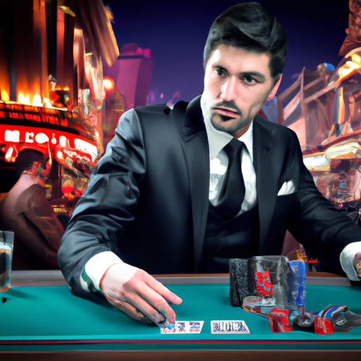 man with suits playing poker in casino with crowded casino background shown from the side with realism style