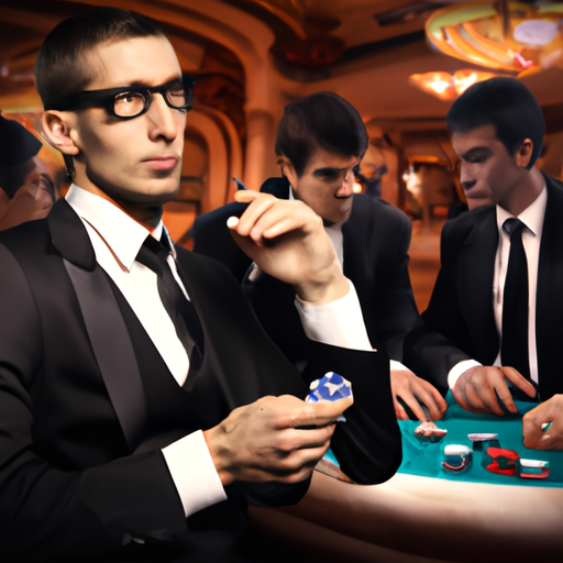 man with suits playing poker in casino with crowded casino background shown from the side with realism style